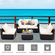 Costway - 5 Pieces Cushioned Patio Rattan Furniture Set with Glass Table-White