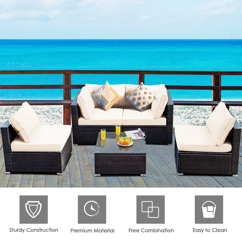 Costway - 5 Pieces Cushioned Patio Rattan Furniture Set with Glass Table-White