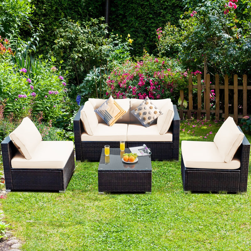 Costway - 5 Pieces Cushioned Patio Rattan Furniture Set with Glass Table-White