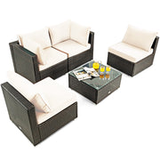 Costway - 5 Pieces Cushioned Patio Rattan Furniture Set with Glass Table-White