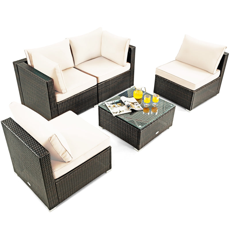 Costway - 5 Pieces Cushioned Patio Rattan Furniture Set with Glass Table-White