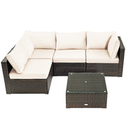 Costway - 5 Pieces Cushioned Patio Rattan Furniture Set with Glass Table-White