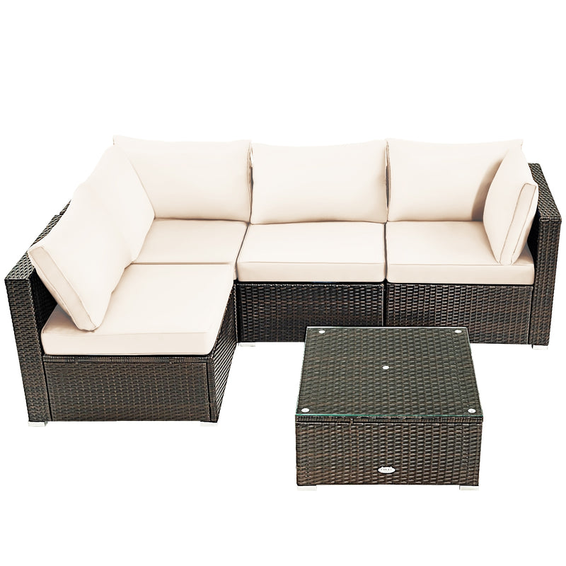 Costway - 5 Pieces Cushioned Patio Rattan Furniture Set with Glass Table-White