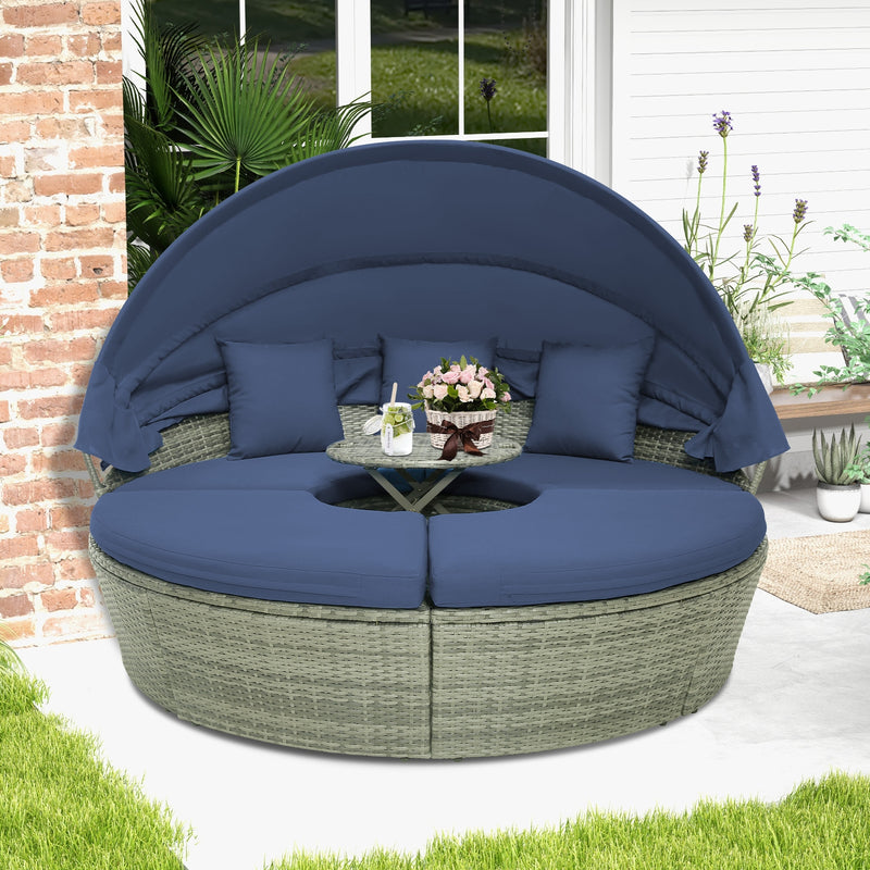 Costway - Outdoor PE Wicker Round Daybed with Retractable Canopy and Cushions-Navy