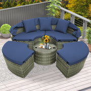 Costway - Outdoor PE Wicker Round Daybed with Retractable Canopy and Cushions-Navy
