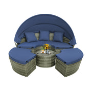 Costway - Outdoor PE Wicker Round Daybed with Retractable Canopy and Cushions-Navy