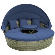 Costway - Outdoor PE Wicker Round Daybed with Retractable Canopy and Cushions-Navy