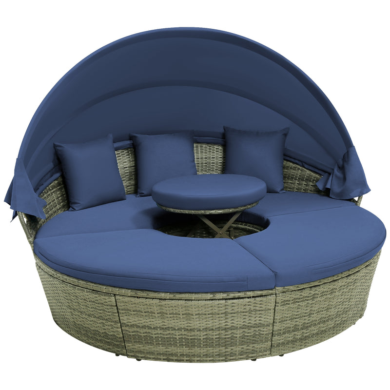 Costway - Outdoor PE Wicker Round Daybed with Retractable Canopy and Cushions-Navy