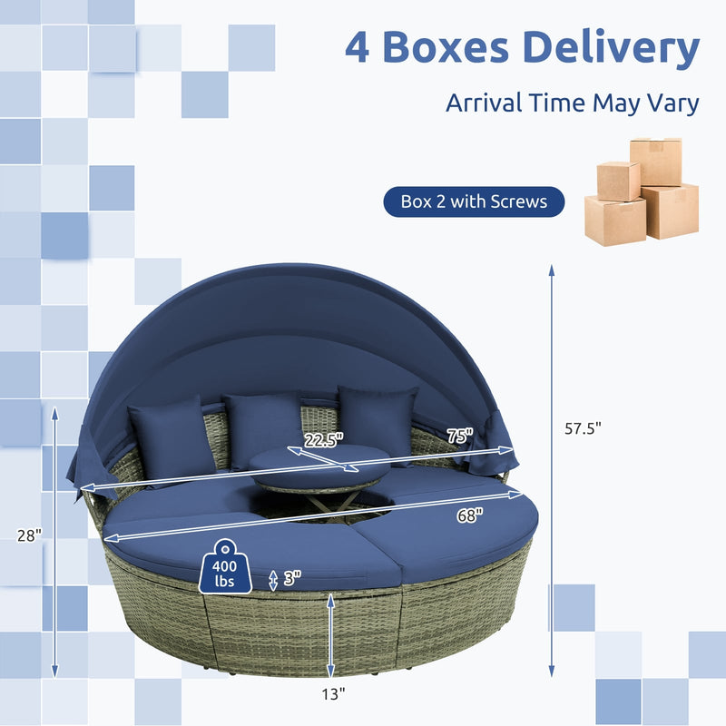 Costway - Outdoor PE Wicker Round Daybed with Retractable Canopy and Cushions-Navy
