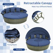 Costway - Outdoor PE Wicker Round Daybed with Retractable Canopy and Cushions-Navy