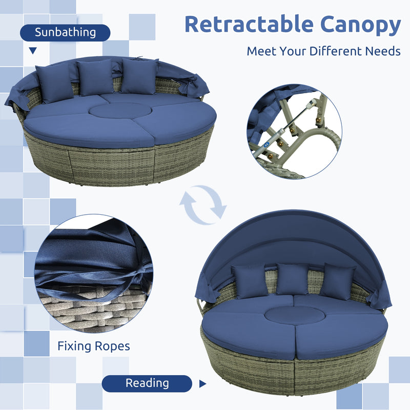Costway - Outdoor PE Wicker Round Daybed with Retractable Canopy and Cushions-Navy