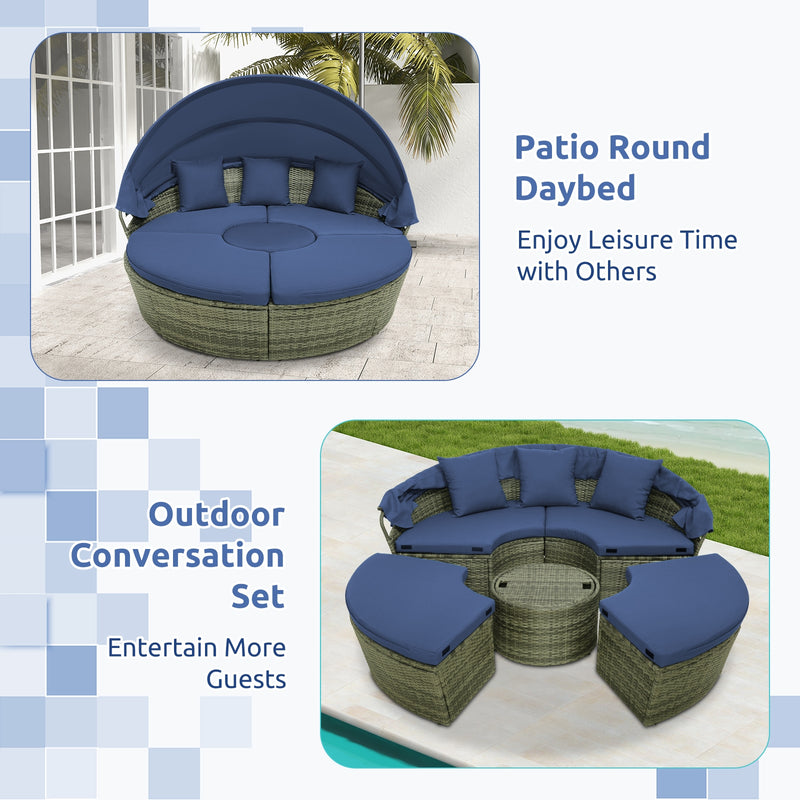 Costway - Outdoor PE Wicker Round Daybed with Retractable Canopy and Cushions-Navy