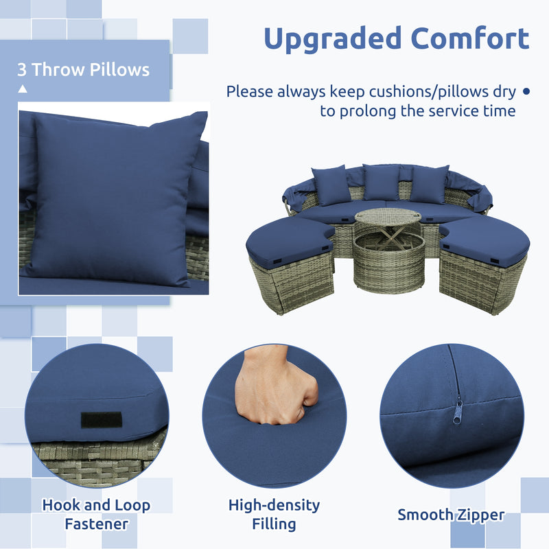 Costway - Outdoor PE Wicker Round Daybed with Retractable Canopy and Cushions-Navy