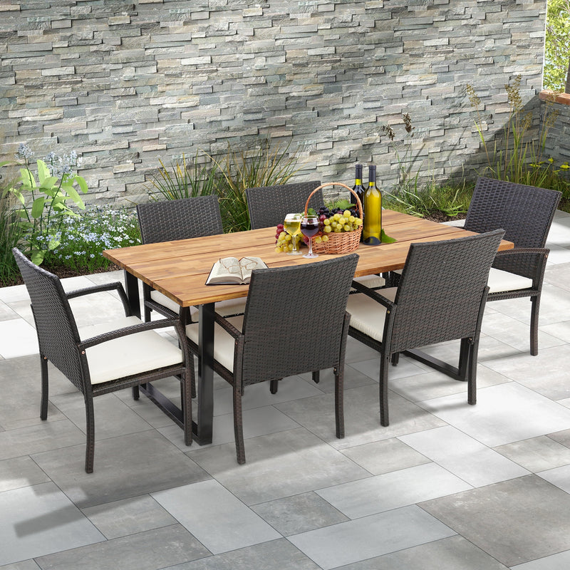 Costway - 7 Pieces Patio Rattan Dining Set with Umbrella Hole-L-shaped Handrail