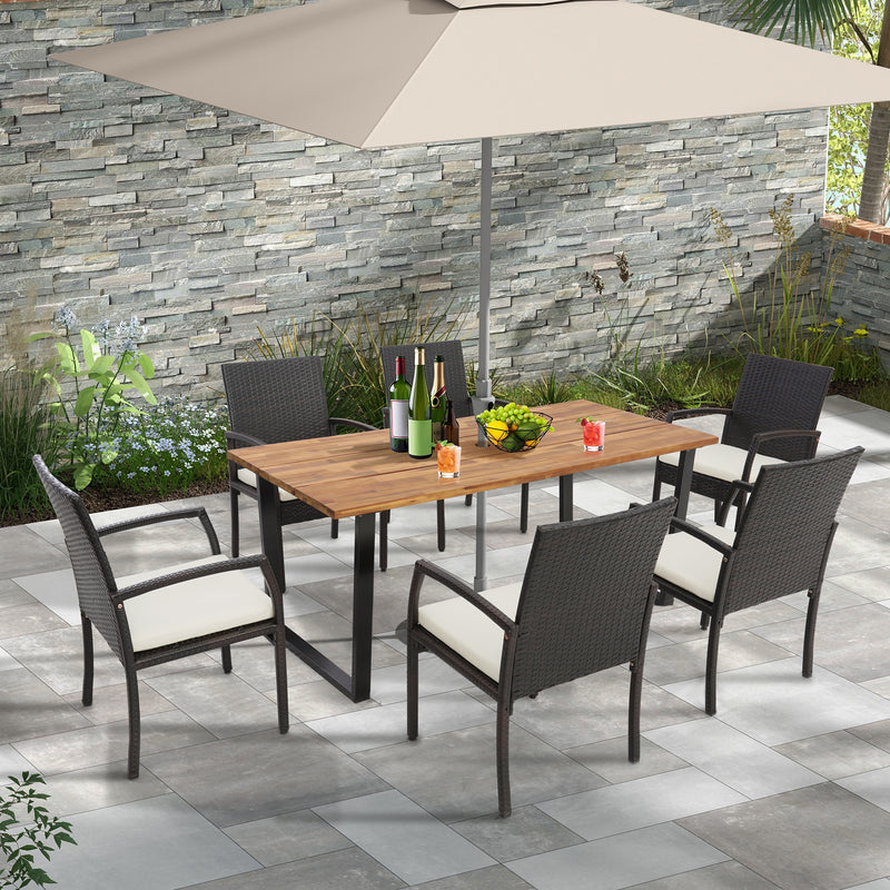 Costway - 7 Pieces Patio Rattan Dining Set with Umbrella Hole-L-shaped Handrail