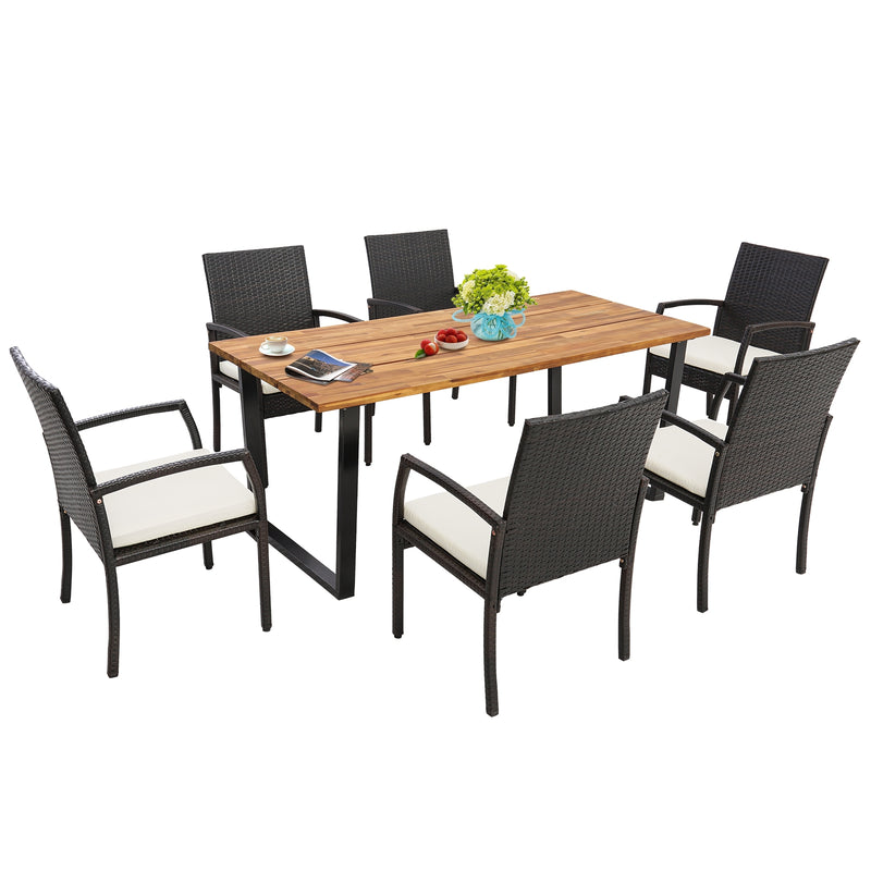 Costway - 7 Pieces Patio Rattan Dining Set with Umbrella Hole-L-shaped Handrail