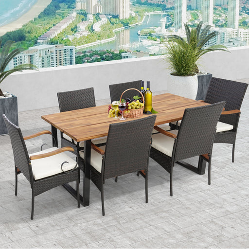 Costway - 7 Pieces Patio Rattan Dining Set with 2 Inches Umbrella Hole-Curved Handrail