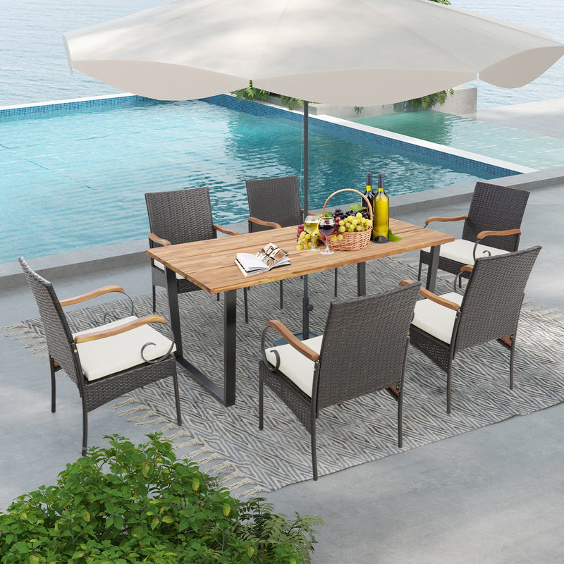 Costway - 7 Pieces Patio Rattan Dining Set with 2 Inches Umbrella Hole-Curved Handrail