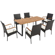 Costway - 7 Pieces Patio Rattan Dining Set with 2 Inches Umbrella Hole-Curved Handrail