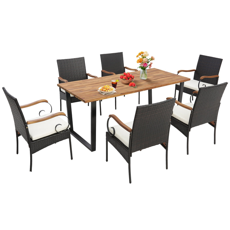 Costway - 7 Pieces Patio Rattan Dining Set with 2 Inches Umbrella Hole-Curved Handrail