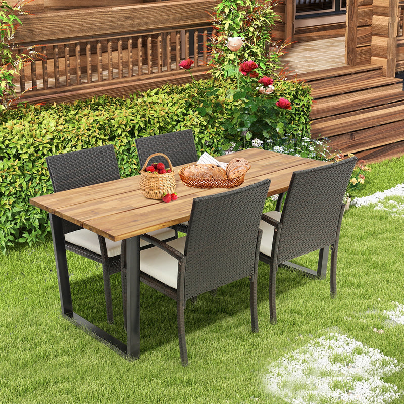 Costway - 5 Pieces Patio Rattan Dining Set with Umbrella Hole and Seat Cushions