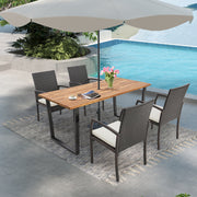 Costway - 5 Pieces Patio Rattan Dining Set with Umbrella Hole and Seat Cushions