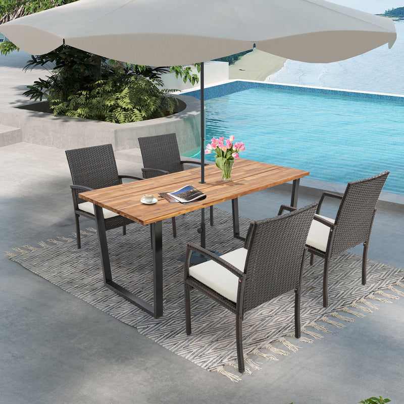 Costway - 5 Pieces Patio Rattan Dining Set with Umbrella Hole and Seat Cushions