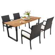 Costway - 5 Pieces Patio Rattan Dining Set with Umbrella Hole and Seat Cushions