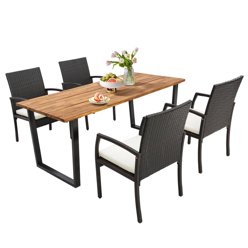 Costway - 5 Pieces Patio Rattan Dining Set with Umbrella Hole and Seat Cushions