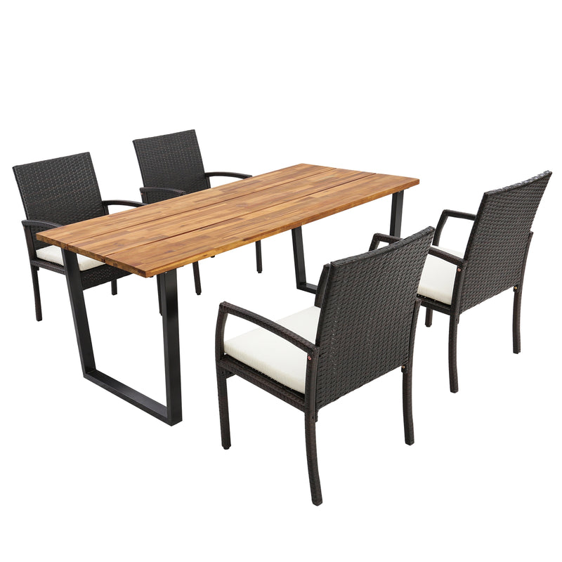 Costway - 5 Pieces Patio Rattan Dining Set with Umbrella Hole and Seat Cushions