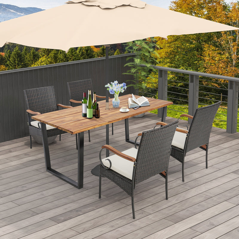 Costway - 5 Pieces Patio Rattan Dining Set with Umbrella Hole for Poolside Backyard