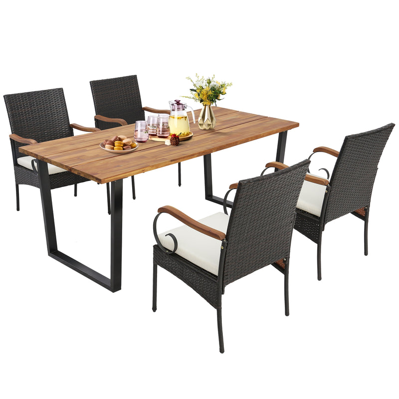 Costway - 5 Pieces Patio Rattan Dining Set with Umbrella Hole for Poolside Backyard