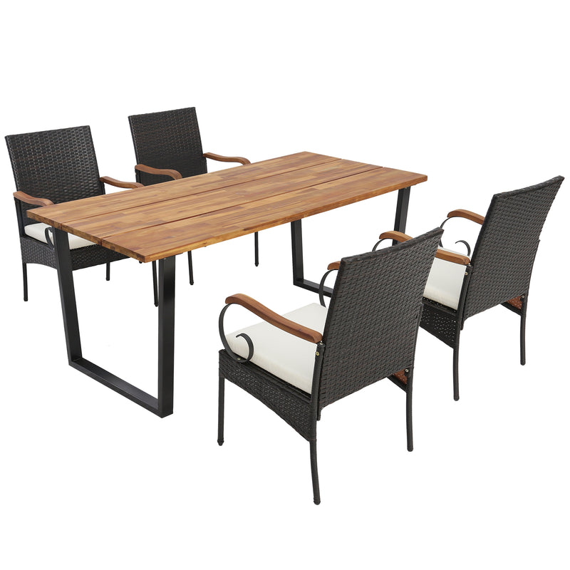 Costway - 5 Pieces Patio Rattan Dining Set with Umbrella Hole for Poolside Backyard