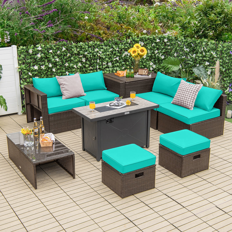 Costway - 9 Pieces Outdoor Patio Furniture Set with 42 Inch Propane Fire Pit Table-Turquoise