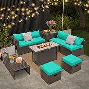 Costway - 9 Pieces Outdoor Patio Furniture Set with 42 Inch Propane Fire Pit Table-Turquoise