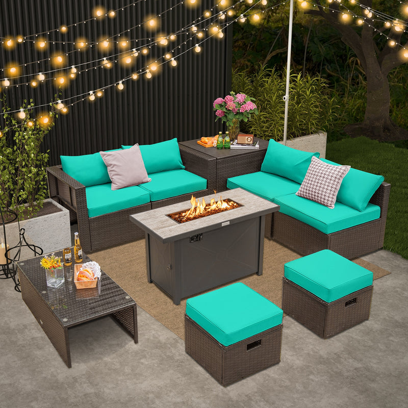 Costway - 9 Pieces Outdoor Patio Furniture Set with 42 Inch Propane Fire Pit Table-Turquoise