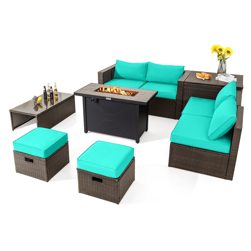 Costway - 9 Pieces Outdoor Patio Furniture Set with 42 Inch Propane Fire Pit Table-Turquoise