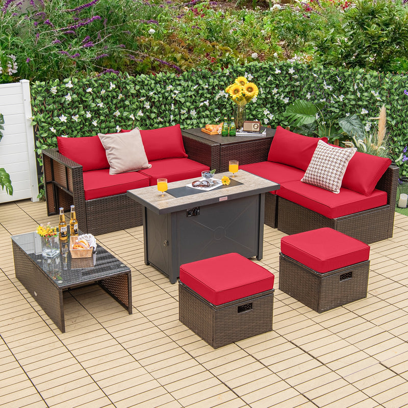 Costway - 9 Pieces Outdoor Patio Furniture Set with 42 Inch Propane Fire Pit Table-Red