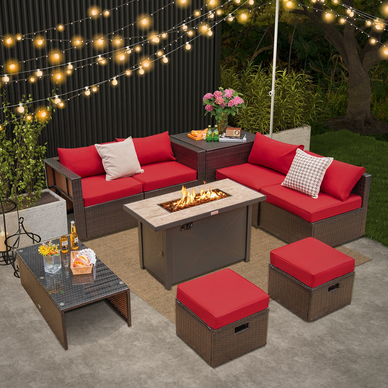 Costway - 9 Pieces Outdoor Patio Furniture Set with 42 Inch Propane Fire Pit Table-Red