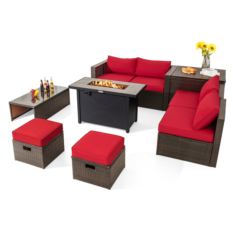 Costway - 9 Pieces Outdoor Patio Furniture Set with 42 Inch Propane Fire Pit Table-Red