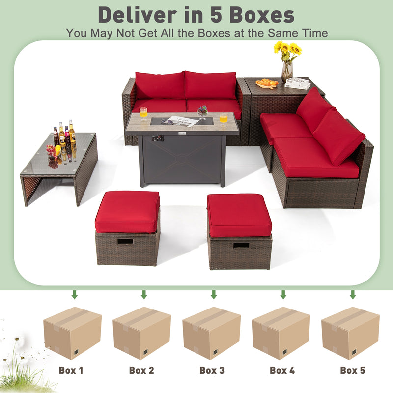 Costway - 9 Pieces Outdoor Patio Furniture Set with 42 Inch Propane Fire Pit Table-Red
