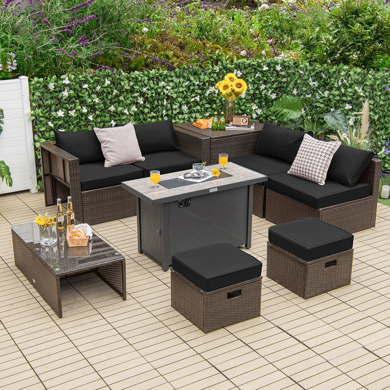 Costway - 9 Pieces Outdoor Patio Furniture Set with 42 Inch Propane Fire Pit Table-Black