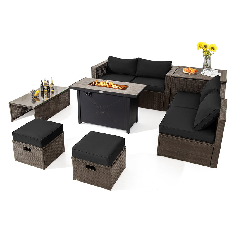 Costway - 9 Pieces Outdoor Patio Furniture Set with 42 Inch Propane Fire Pit Table-Black