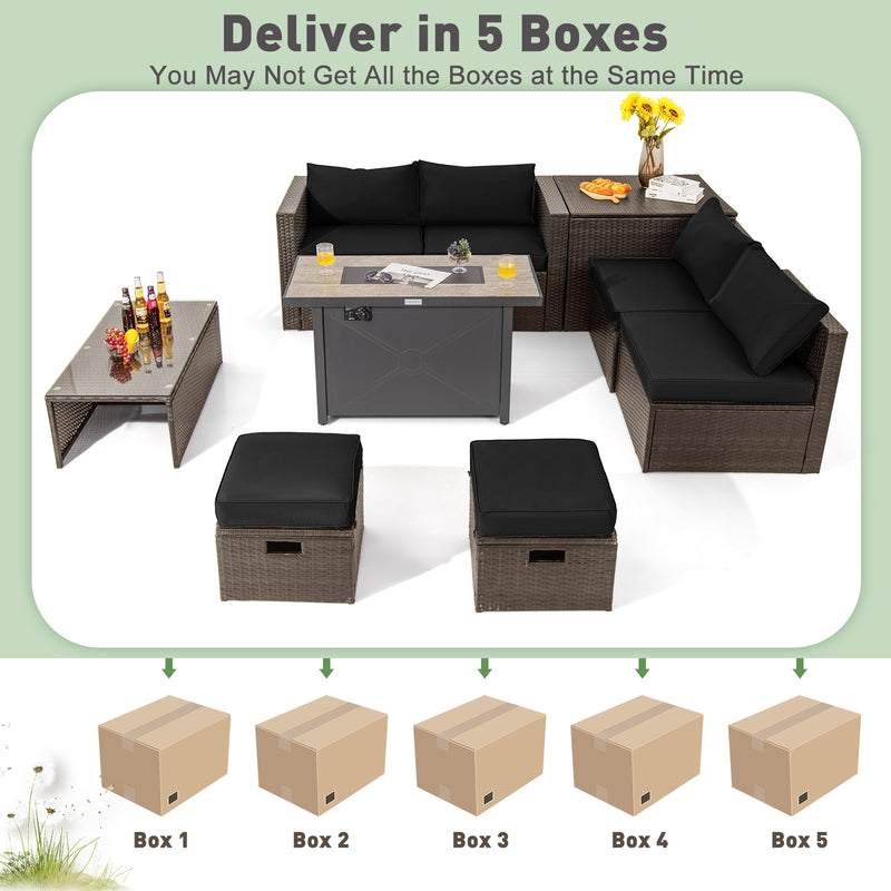 Costway - 9 Pieces Outdoor Patio Furniture Set with 42 Inch Propane Fire Pit Table-Black