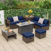 Costway - 9 Pieces Outdoor Patio Furniture Set with 42 Inch Propane Fire Pit Table-Navy