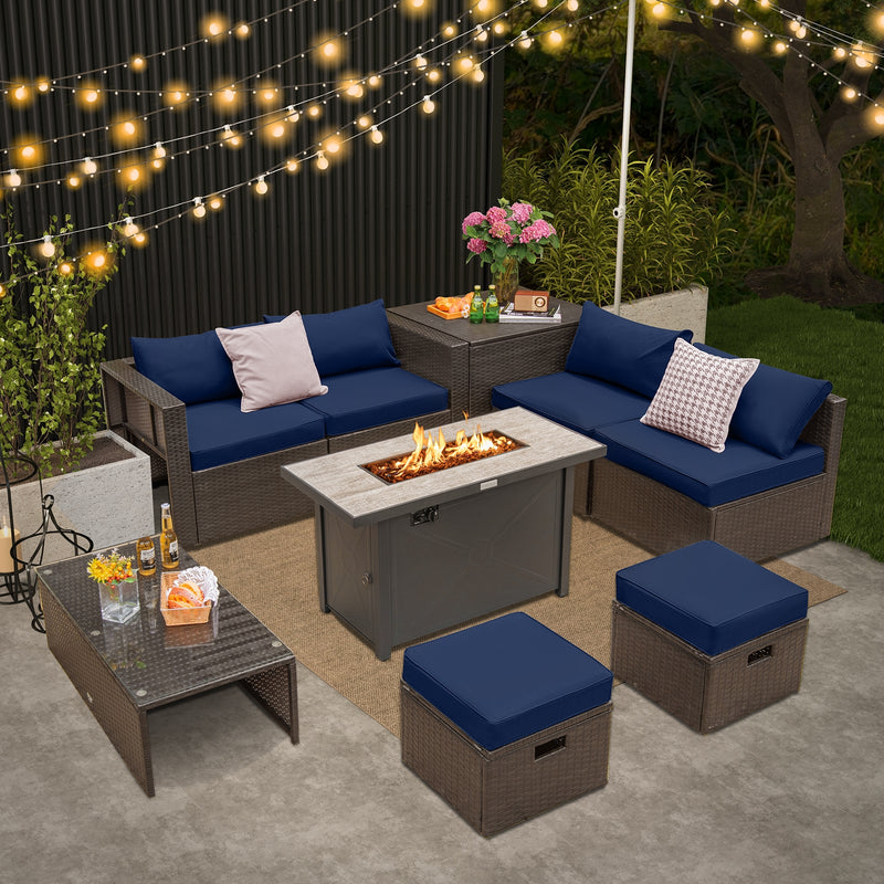 Costway - 9 Pieces Outdoor Patio Furniture Set with 42 Inch Propane Fire Pit Table-Navy