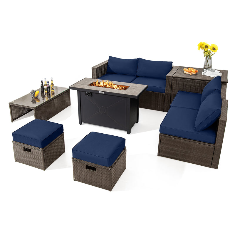 Costway - 9 Pieces Outdoor Patio Furniture Set with 42 Inch Propane Fire Pit Table-Navy