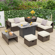 Costway - 9 Pieces Outdoor Patio Furniture Set with 42 Inch Propane Fire Pit Table-White