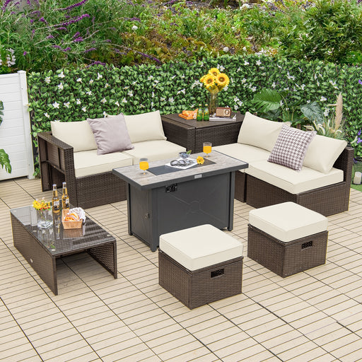 Costway - 9 Pieces Outdoor Patio Furniture Set with 42 Inch Propane Fire Pit Table-White