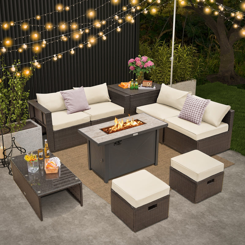 Costway - 9 Pieces Outdoor Patio Furniture Set with 42 Inch Propane Fire Pit Table-White